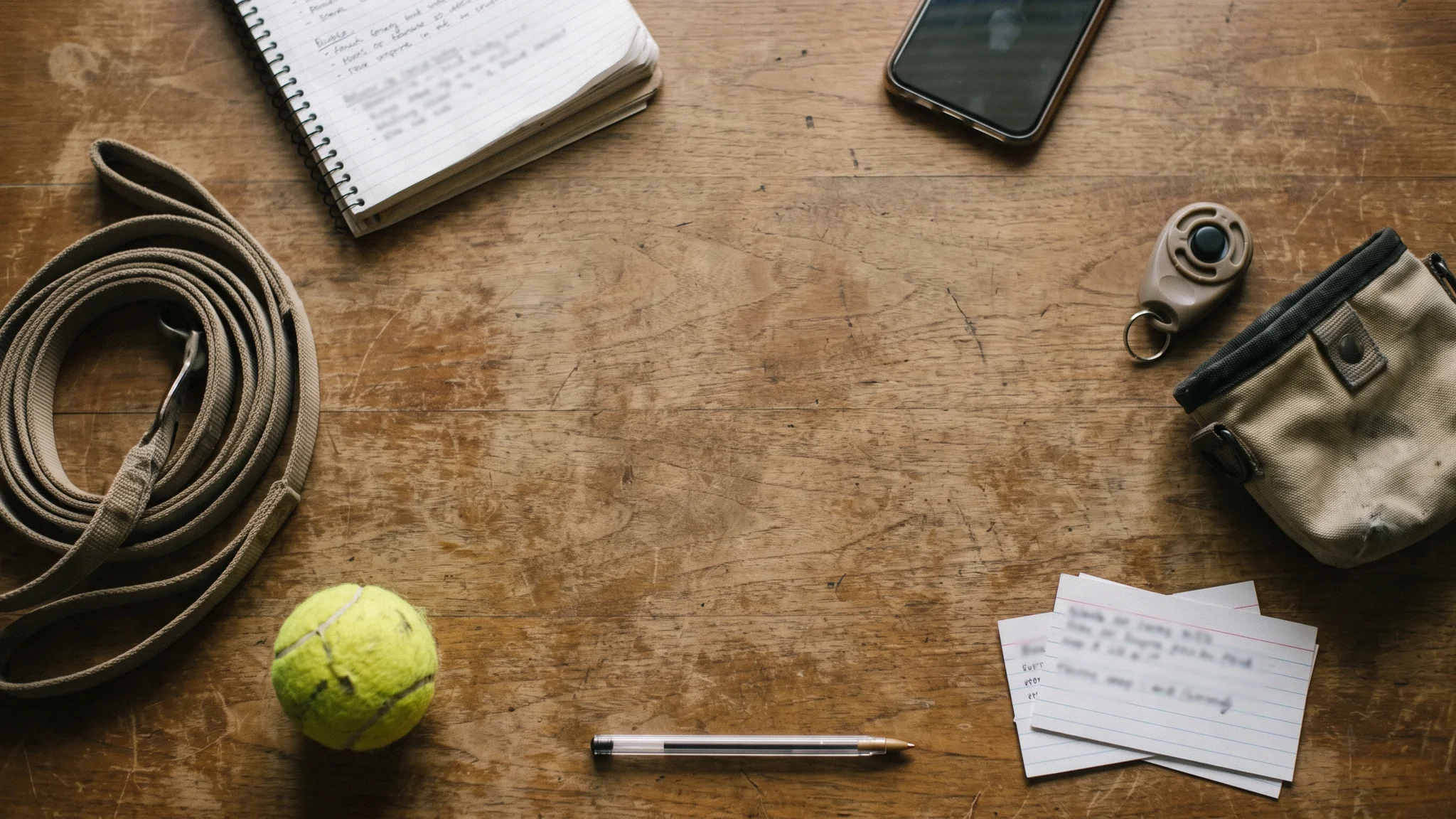 A spiral session notebook on a wooden table, beside a phone lying face down, a clicker and treat pouch, a coiled long line, a yellow tennis ball and index cards of homework.